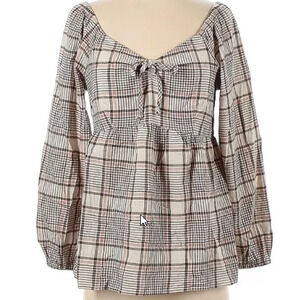AVLN Studio‎ by Stitch Fix Beige Plaid Boho Off or on Shoulder Blouse Size S